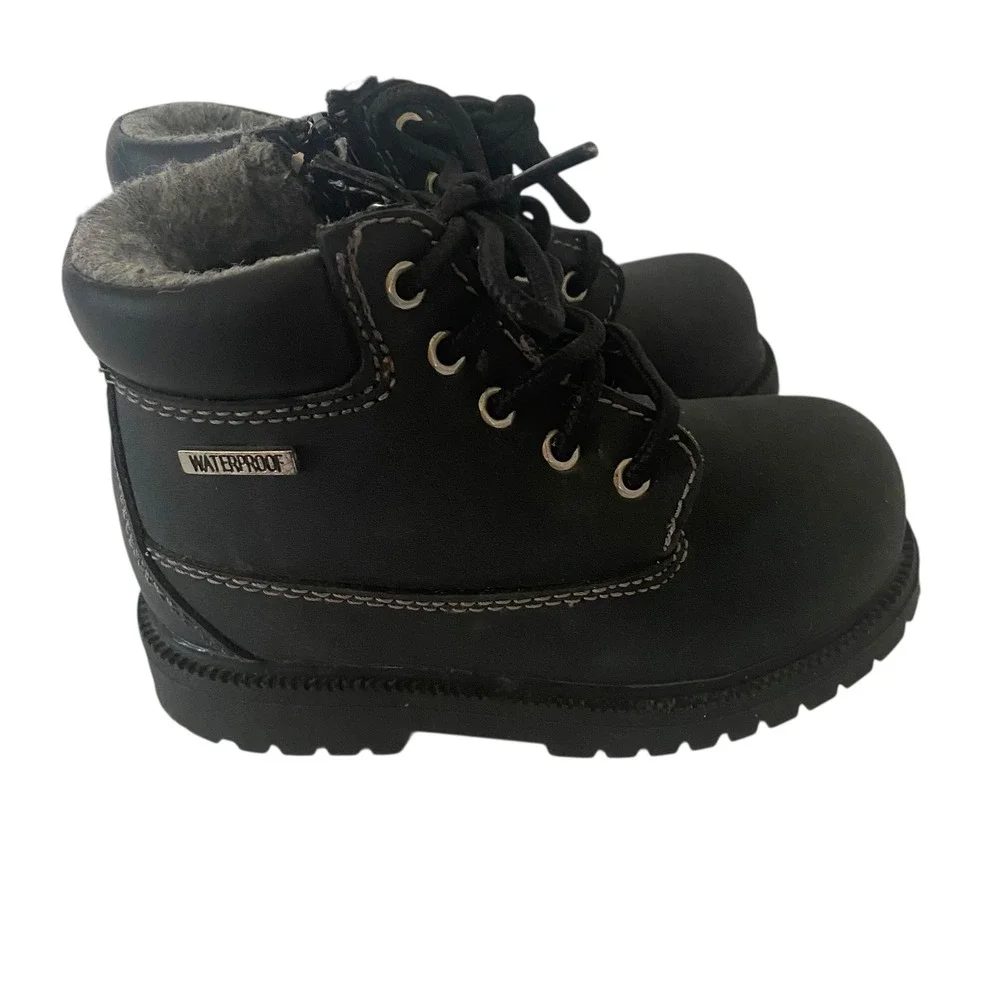 SmartFit‎ Kids Black Waterproof Winter Work Boots Side Zip Faux Fur Lined Size 9